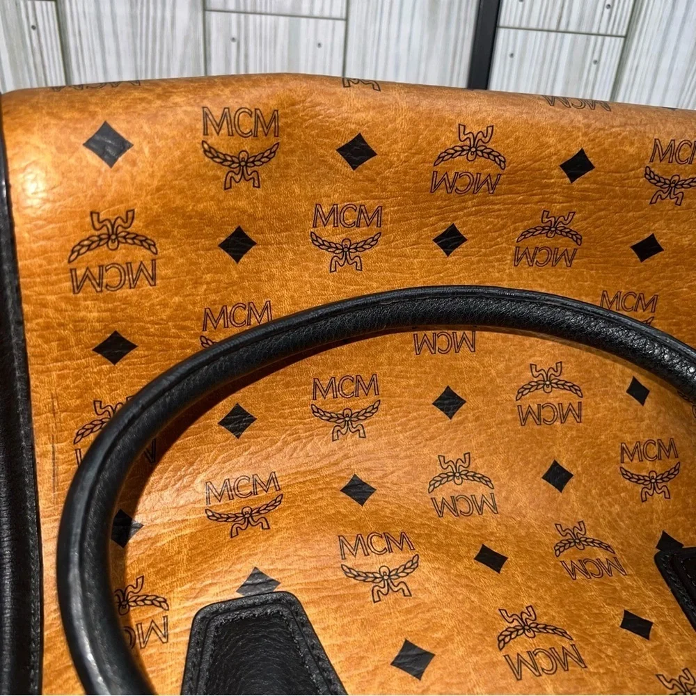 MCM Vintage Cognac Visetos Tote Bag Black Leather Trim Satchel Handbag